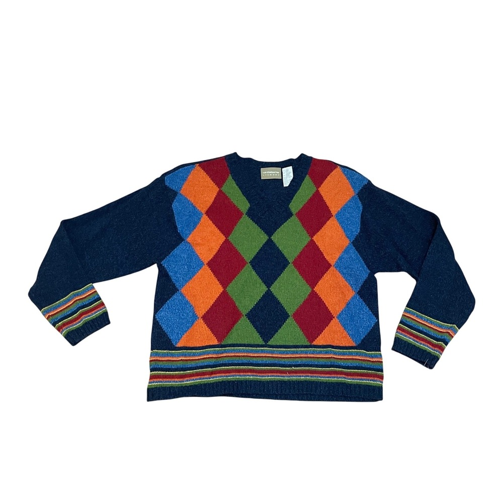 Liz Claiborne Large VTG Academic Bold Argyle Preppy V-Neck Sweater Navy Blue NWT